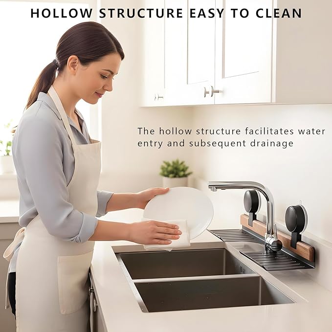 Over Sink Shelf with Walnut, 15.7" Tool-Free Organizer, Strong Suction Cup Rack with Easy Drainage for Kitchen & Bathroom