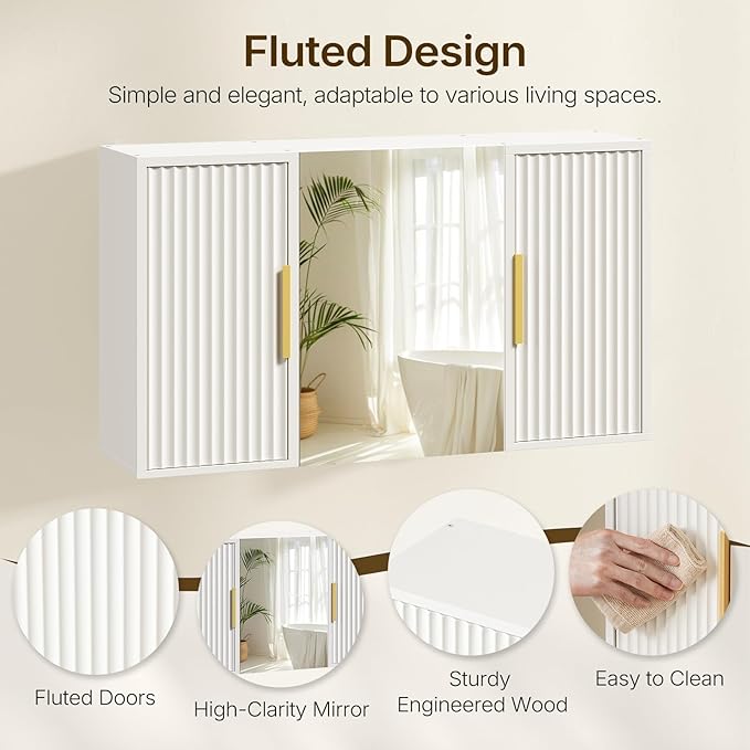 YATINEY Bathroom Wall Cabinet with Mirror, Medicine Cabinet Mirror, Wall Mounted Medicine Cabinet, Mirrored Door Over The Toilet Storage, for Laundry Room, Bedroom, Camper, Hallway, White