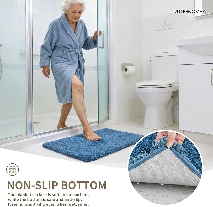 Bathroom Rugs Non Slip Washable 48x24, Ultra Thick Soft Microfiber Absorbent Bath Mats, High Density Foam Latex Non Slip Backing Bath Rugs, Fluffy Floor Carpet for Tub&Shower, Blue