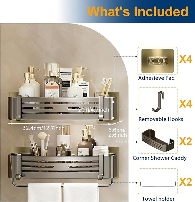 Shower Caddy, Adhesive Bathroom Shower Corner Organizer Shelves with Hooks, No Drilling Shower Shelves Organizer for Bathroom Kitchen 2 Pack