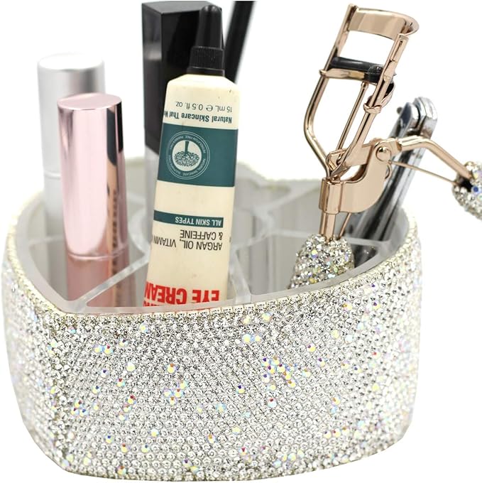 Desktop Cosmetic Storage Box 8-hole Heart-Shaped Bling bling Rhinestone Cosmetic Tools storage Box Jewelry Storage Box (Silver)