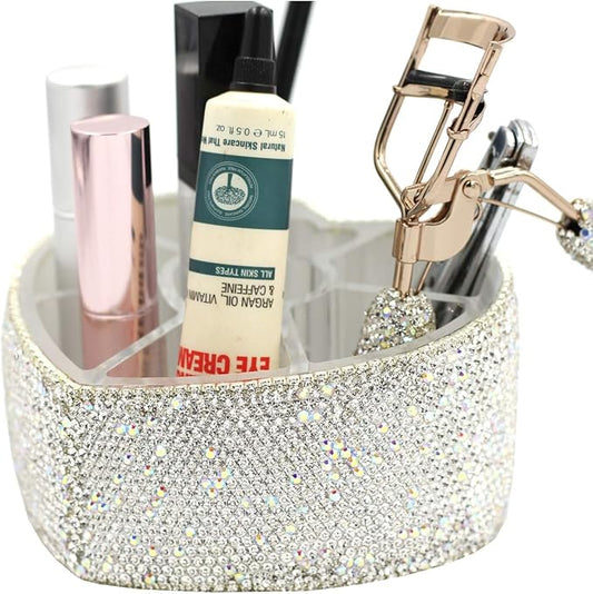 Desktop Cosmetic Storage Box 8-hole Heart-Shaped Bling bling Rhinestone Cosmetic Tools storage Box Jewelry Storage Box (Silver)