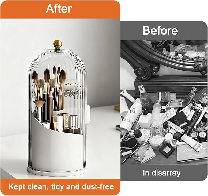 Makeup Brush Holder with Lid 360 rotating,Toothbrush Holder With lid for vanity,3 Slots Storage with 360 Rotating &180° Sliding Open for Bathroom Counter Organizer,Clear Dustproof & Waterproof 1pcs