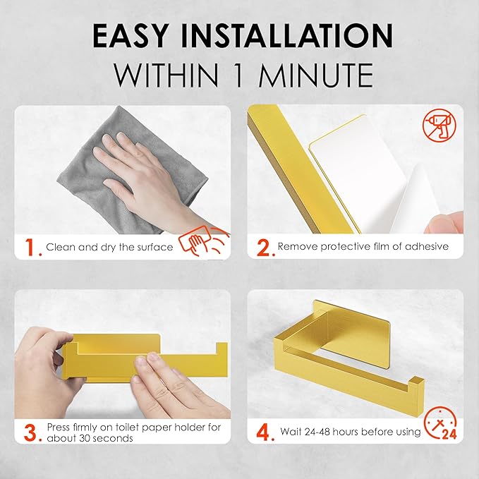 Auxmir No Drilling Self Adhesive Toilet Paper Holder, Premium Rustproof SUS304 Stainless Steel Roll Holder Wall Mount Tissue Holder for Bathroom Kitchen Washroom, Toilet Paper Holder-Gold