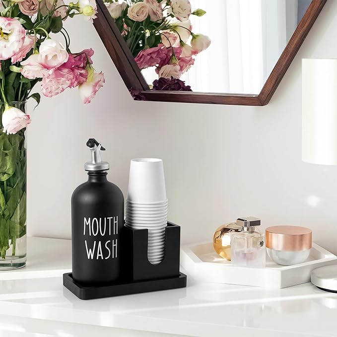 Glass Mouthwash Dispenser for Bathroom, 16 OZ Mouthwash Dispenser with Pour Spout and Wood Cup Holder and Tray, Mouth Wash Bottle Container, Black Kitchen Bathroom Decor and Accessories