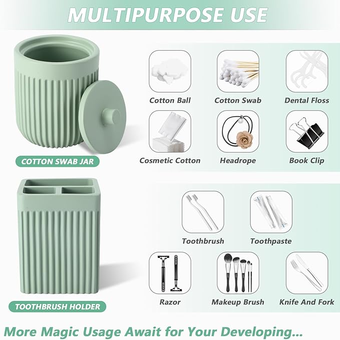 XLHOMO Resin Light Green Bathroom Accessories Set 5 Pcs, Lotion Soap Dispenser, Toothbrush Holder, Bathroom Tumbler, Qtip Holder and Vanity Tray, Bathroom Countertop Organizer Set for Modern Apartment