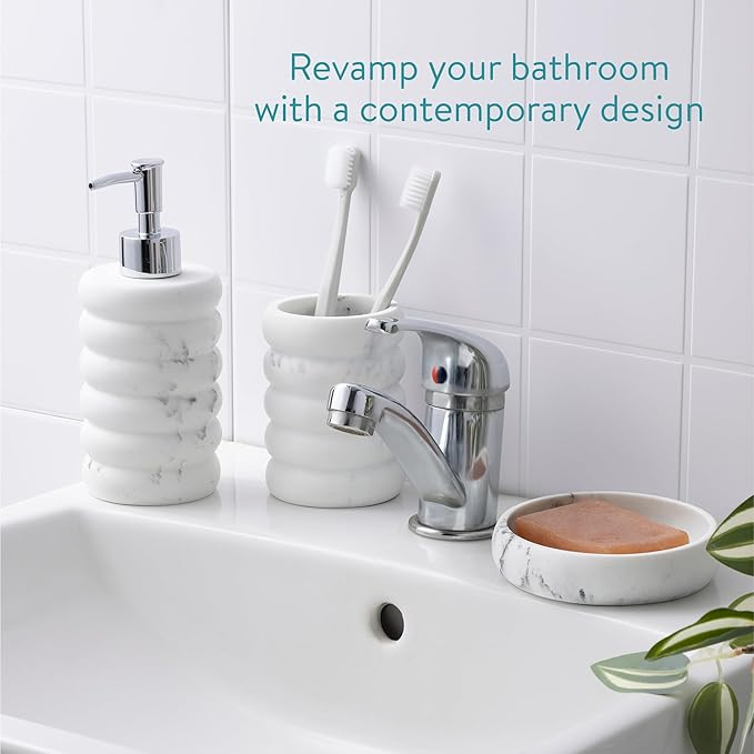 Navaris Decorative Bathroom Accessories Set - 3-Piece Bath Accessory Kit with Toothbrush Holder Liquid Soap Dispenser and Soap Dish Tray Set - White Marble