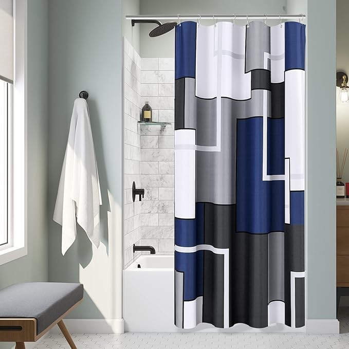 Hokibero Shower Curtains for Bathroom Shower Curtain Geometric Pattern Fabric with Heavy Duty Water Repellent Bath Decor for Bathtubs Hotels, 48 x 72 inch, Navy Blue