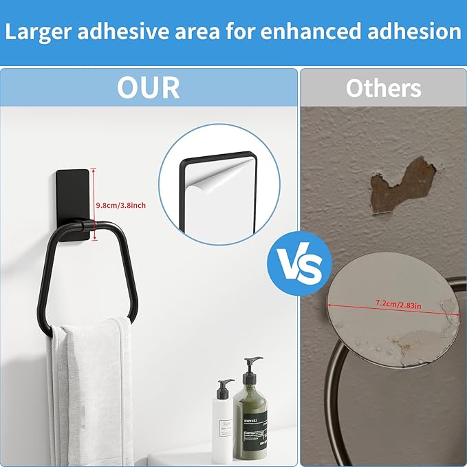 JUYSON Towel Ring, Hand Towel Holder for Bathroom, Adhesive Hand Towel Holder, Adhesive Towel Racks, Wall Mount Towel Hanger for Bathroom, Kitchen, NO Drill Easy to Install, 2 Pack(Matte Black)