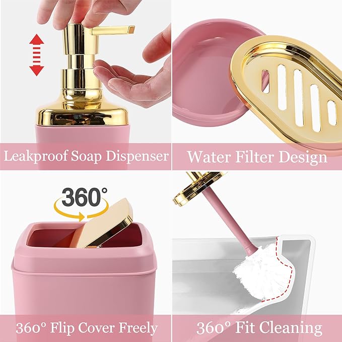 XLHOMO Bathroom Set - Pink and Gold Bathroom Accessories, Bathroom Sets with Shower Curtain and Rugs, Pink Shower Curtain Set with Bathroom Trash Can, Soap Dispenser, Soap Dish for Home Decor