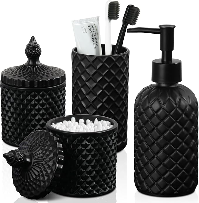 RYTOXILO Matte Black Bathroom Accessories Set, 4 Pack Black Bath Accessory Sets Complete, Diamond Glass Soap Dispenser and Toothbrush Holder Set for Countertop, Gothic Decor Organizer Essentials