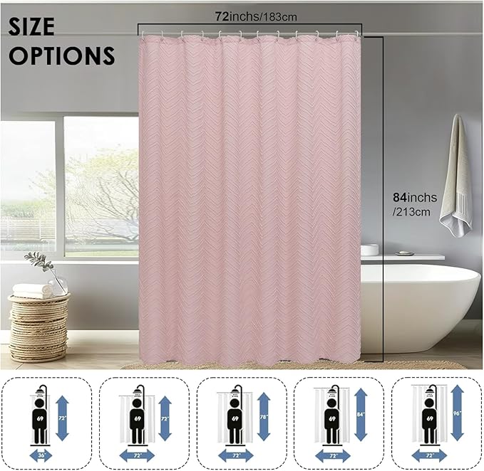 OVZME Long Blush Pink Shower Curtain for Bathroom 84 Inch Length, Farmhouse Tufted Chevron Striped Textured Modern Boho Soft Fabric Bathroom Shower Curtain, 72Wx84L Inches