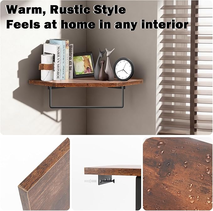 Hand Towel Holder/Towel Ring with Wooden Shelf, Hand Towel Rack, Hand Towel Hanger for Bathroom, Corner Bath Accessories Wall Mounted, Matte Black (9.2"-Diamond Shaped)