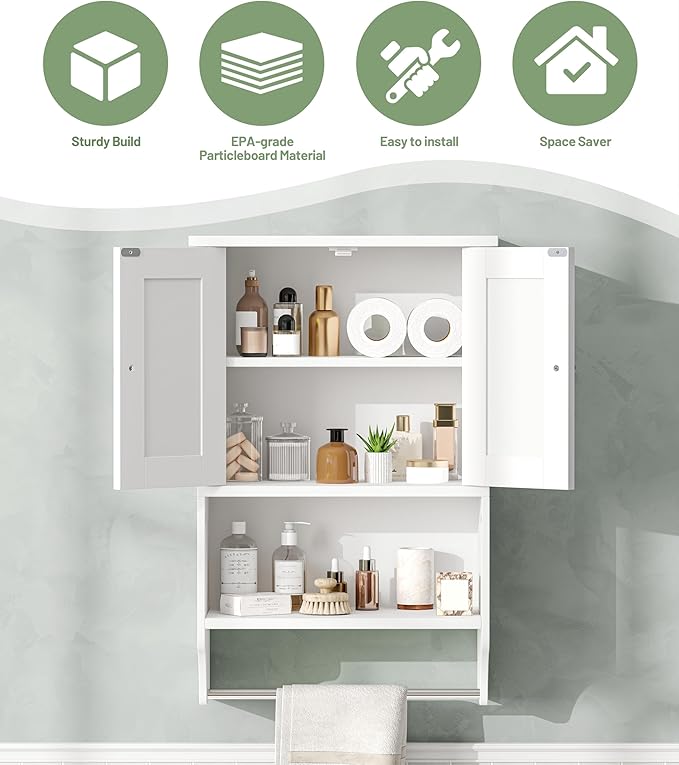 Keehusux Small Bathroom Wall Cabinet with Towel Bar and Adjustable Shelf, Modern Medicine Cabinet with 2 Lined Doors, Wooden Over the Toilet Storage Cabinet for Kitchen, Living Room, Entryway, White