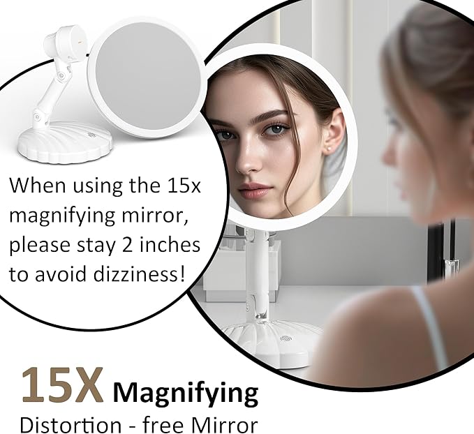 Portable Travel Vanity Mirror with Lights,Interchangeable Mirror Design,15X Magnifying Mirror,Stepless Adjustable Lighted Makeup Mirror,3 Color Modes,Desk or Travel Use