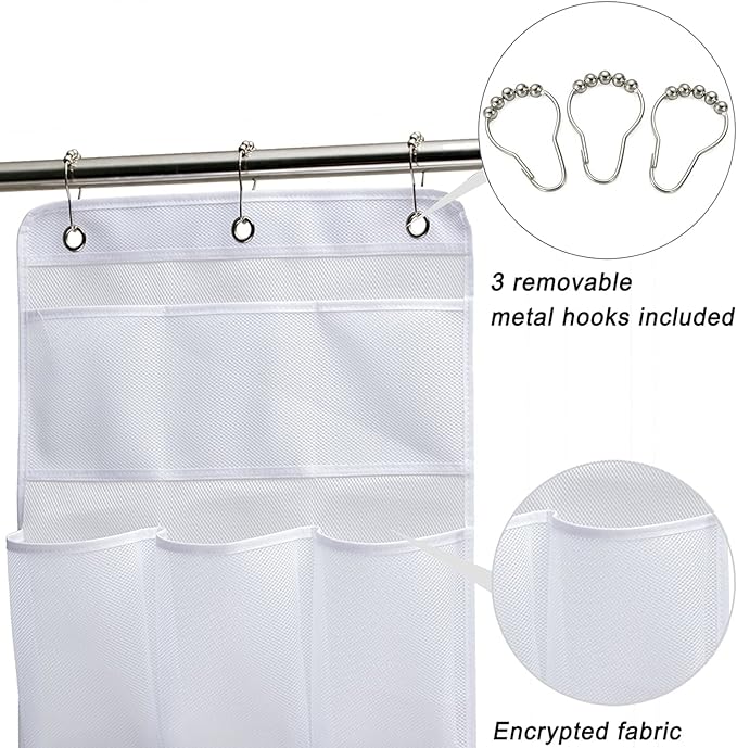KIMBORA Mesh Shower Organizer Hanging Bathroom Caddy 8 Pockets Hang Curtain Rod with 3 Rings