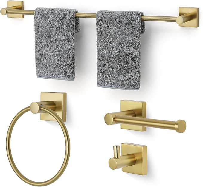 Bathroom Accessories Set Brushed Gold Towel bar Set, 4 piece Towel Rack Set Towel bar for Bathroom wall Mounted Durable 24 inch Towel bar Robe Hook Towel Ring Toilet Paper Holder