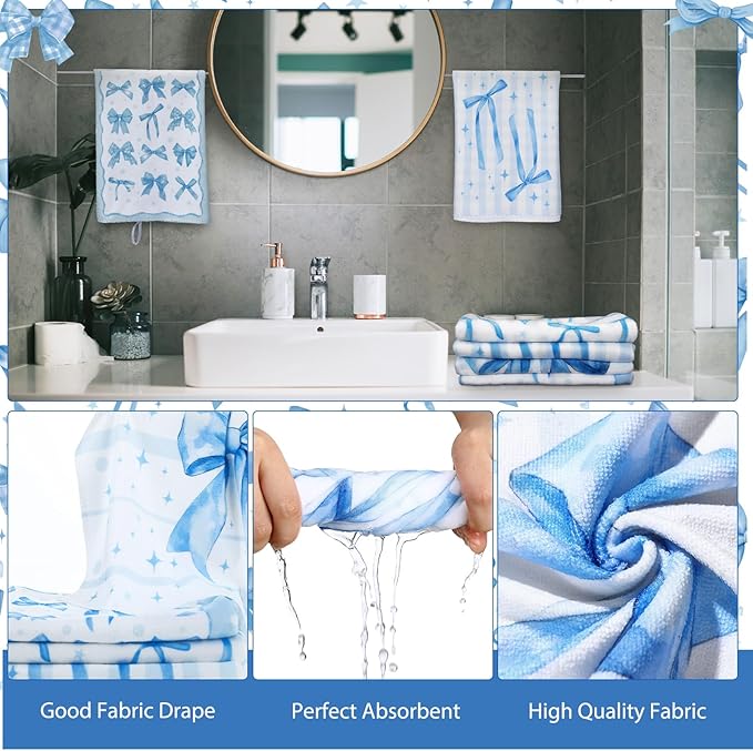 FuWeave 8 Pcs Blue Shower Curtain Set Coquette Blue Bathroom Decor Aesthetic Bow Knot Waterproof Shower Curtain Towels Non Slip Rug Toilet Lid Cover Bath Mat with 12 Hooks for Women Home Bath