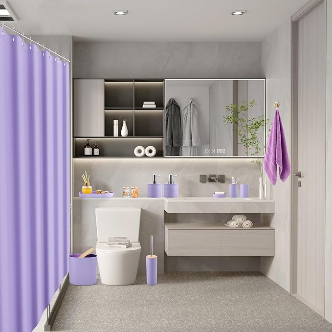 XLHOMO Purple Bathroom Set, Purple Bathroom Accessories Set with Shower Curtain, Bath Towel Set, Trash Can, 2PCS Soap Dispensers, Soap Dish, Toothbrush Holder and Cup,Toilet Brush for Bathroom Decor