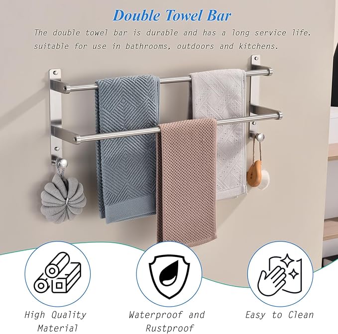 24-Inch Double Towel Bar with Hooks, Brushed Stainless Steel Bathroom Towel Rack - Wall Mounted Towel Holder