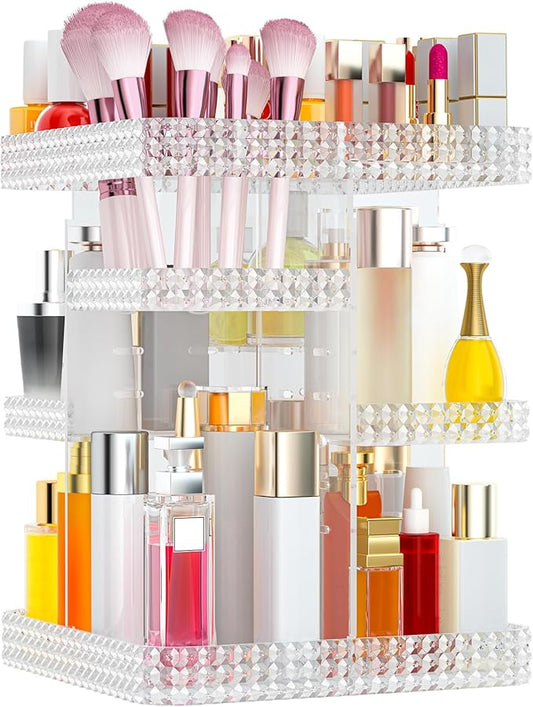 Rotating Makeup Organizer, Large Capacity Cosmetic Display Case, Acrylic Skincare Organizer with Makeup Brush, Makeup Storage Organizer for Dresser Countertop and Bathroom Vanity - Clear