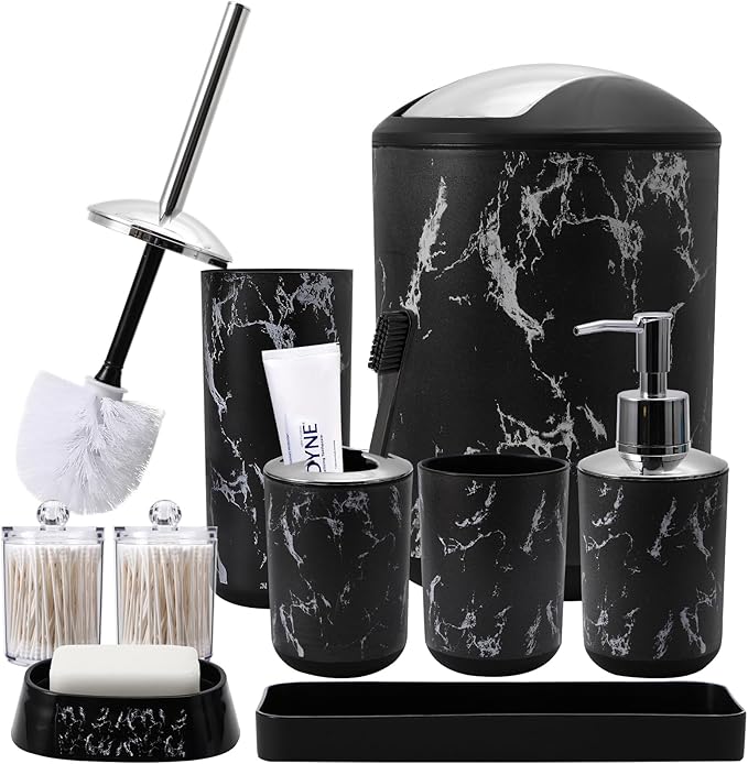 XLHOMO Black Marble Bathroom Accessories Set, Black Bathroom Set with Trash Can, Vanity Tray, Soap Dispenser, Soap Dish, Toothbrush Holder, Toothbrush Cup, Toilet Brush and Qtip Holders for Bathroom