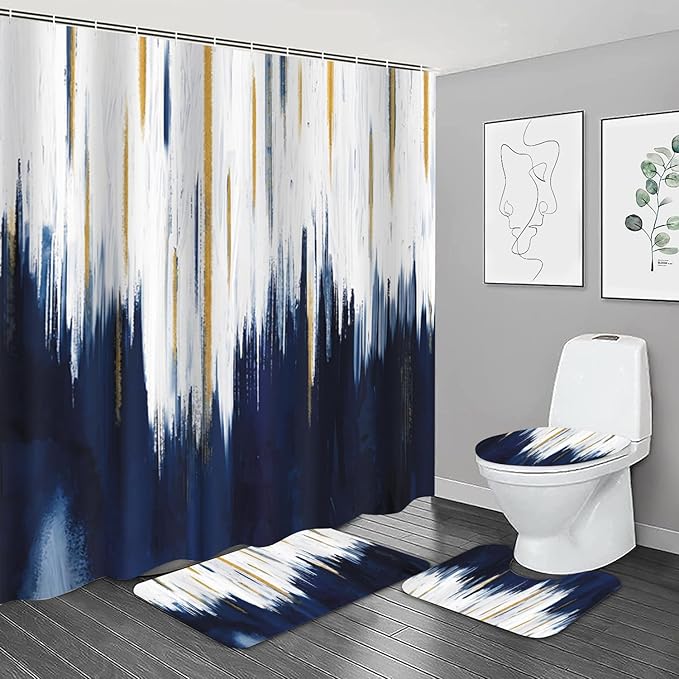 NBVKO 4PCS Navy Blue Oil Painting Style Shower Curtain Set with Non-Slip Rugs,Toilet Lid Cover and Bath Mat,Bathroom Decor Accessory Set