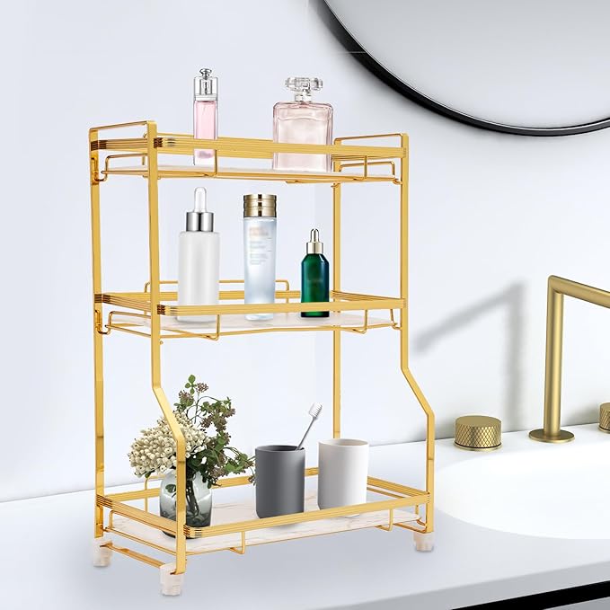 LYNICESHOP 3 Tier Bathroom Countertop Organizer, Gold and White Modern Vanity Organizer with Small Storage Baskets, Skincare, Perfume - Spaace Saving, Easy Assembly, Non-Slip (12.6x6.5in)