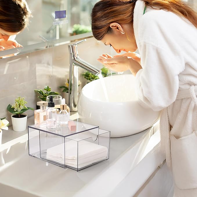 cobee Disposable Face Towel Holder, Acrylic Face Towel Storage Box Bin Container Stackable Clear Makeup Organizer with Drawer for Vanity Bathroom Makeup Organization