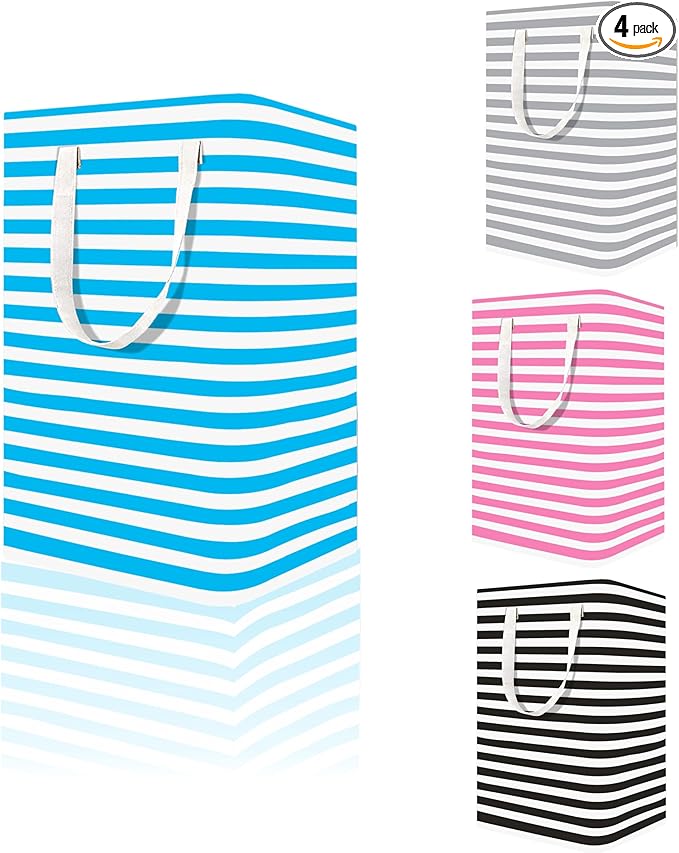 4 Pack Large Laundry Basket ，75L Waterproof,Collapsible Laundry Hamper with Extended Handles for Clothes in the Family Dorm (Black，Blue，Grey，Pink)