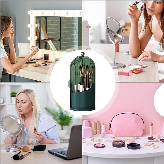 Multi-function Rotating Bird Cage Toiletries Storage Rack ?€? Makeup Organizer, Brush Holder | Transparent Dust-proof Box, 360 Rotating Design for Dressing Tables, Desktops, Bathroom Countertops
