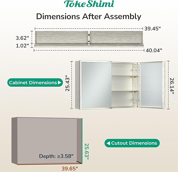 TokeShimi 40 x 26 Brushed Nickel Recessed Medicine Cabinet with Mirror, Assembly Required, Bathroom Medicine Cabinet with Mirror, Stepless Adjustable Shelves, Beveled Aluminum Frame, DTC Hinge