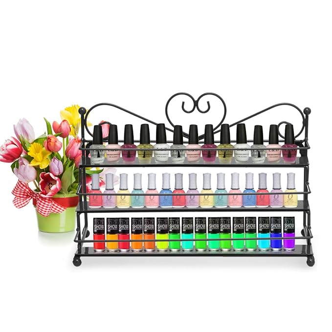 Dazone Mounted 3 Tier Metal Shelf Nail Polish Wall Rack Essential Oils Perfume Organizer (Black)