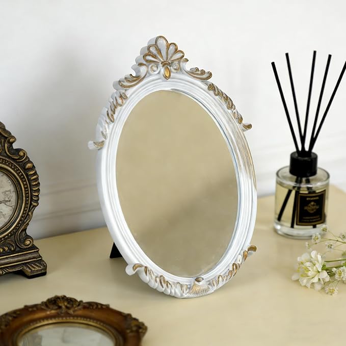 Decorative Vintage Oval Makeup Mirror with Plastic Frame,Tabletop Mirror-White 7.5 x 11 inches