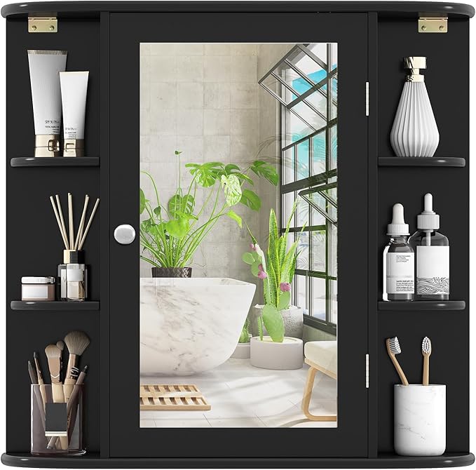 COSTWAY Medicine Cabinet with Mirror, Wall Mounted Bathroom Storage Cabinet with Mirror Door and Adjustable Shelves, Space-Saving Storage Organizer for Living Room Kitchen Entryway (Black)