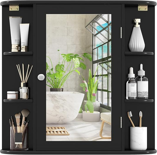 COSTWAY Medicine Cabinet with Mirror, Wall Mounted Bathroom Storage Cabinet with Mirror Door and Adjustable Shelves, Space-Saving Storage Organizer for Living Room Kitchen Entryway (Black)