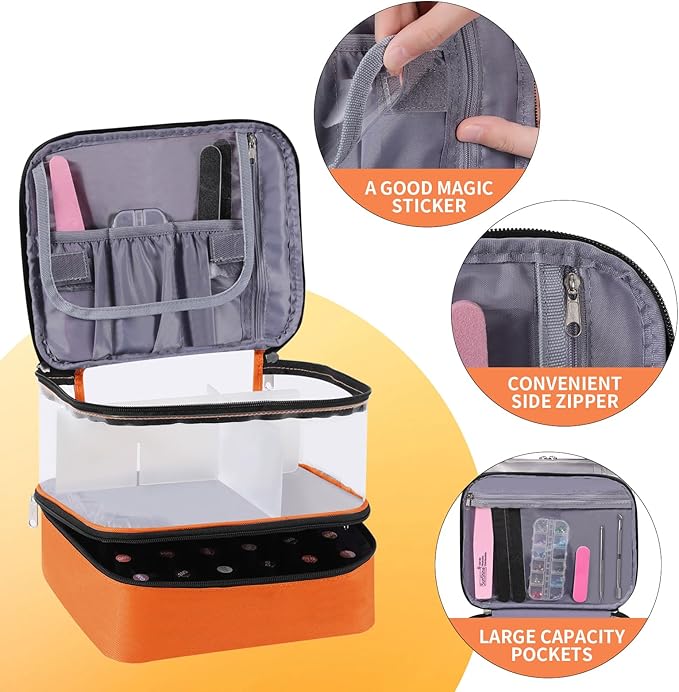 Beloving Clear Nail Polish Organizer, Double-Layer Nail Polish Bag Organizer Case Holds 30 Bottles and Nail Dryer, Nail Organizers and Storage for Manicure Tools-Orange
