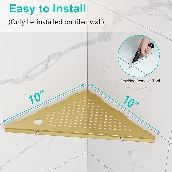 Qeke 10" Bathroom Corner Shelf, 2 Pack Recessed Shower Shelf Caddy, SUS304 Stainless Steel Shelf Wall Mount Triangular, No Drilling Brushed Golden