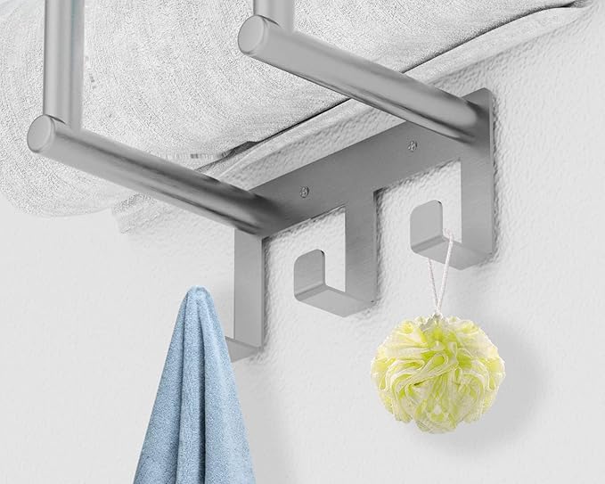 Towel Racks for Bathroom Wall Mounted, Bethom Towel Rack with Shelf and 3 Hooks, Brushed Nickel Towel Storage Holder Wall for Large Rolled Towels