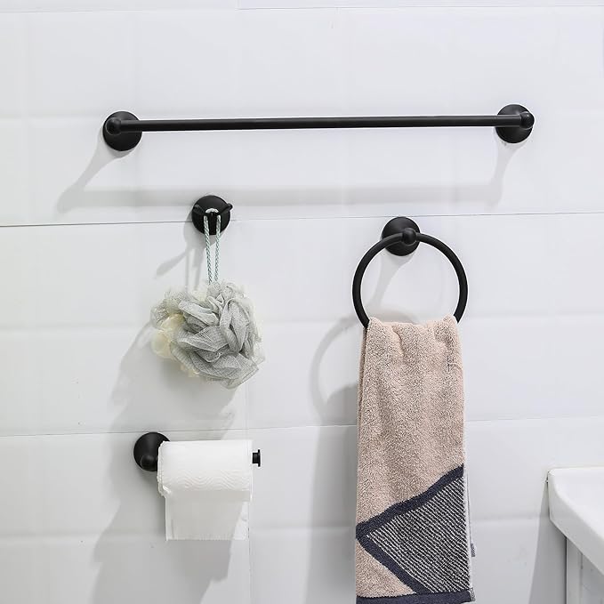 4 Pieces Matte Black Bathroom Hardware Set,Wall Mounted 23.6 inch Towel Bar Set Matte Black,Towel Rack Set,Toilet Paper Holder,Matte Black Bathroom Accessories Set, YM0254-B