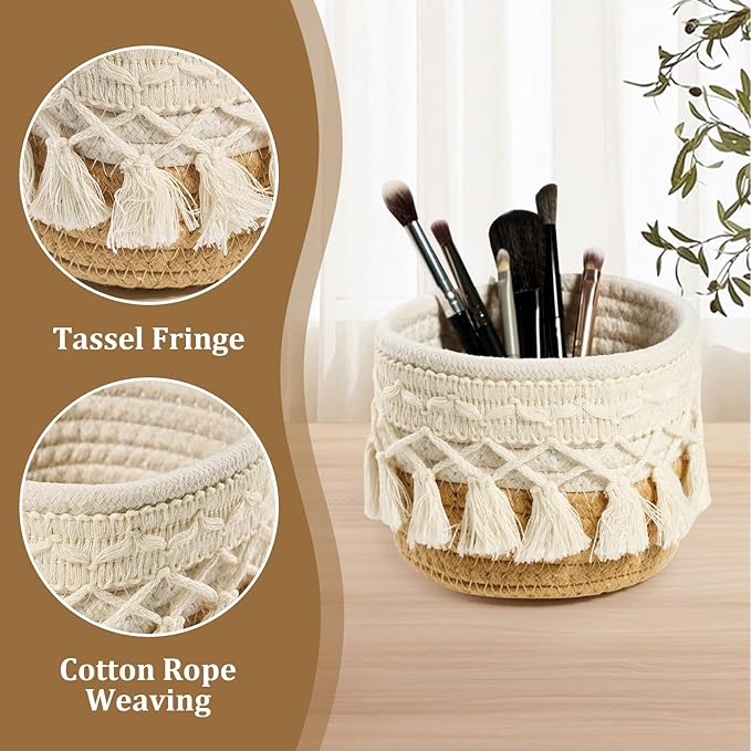 HEAVYWOOD Macrame Makeup Brush Holder Organizer 4.7''x3.9'' Mini Makeup Containers Boho Small Round Storage Basket Tassels Fringe Decorative Pencil Holder Set of 2 (4.7''x3.9'', Khaki)