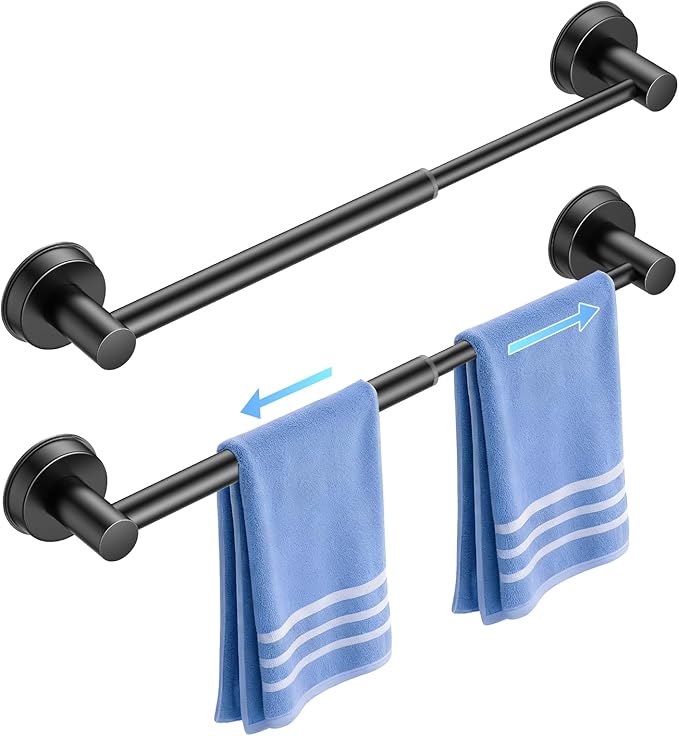 Adjustable Suction Cup Towel Bar for Bathroom Wall,14.6Inch~24 Inch Towel Racks for Bathroom, SUS304 Stainless Steel Bathroom Towel Holder,Bathroom Accessories Brushed Nickel Towel Rack (2pcs Black)