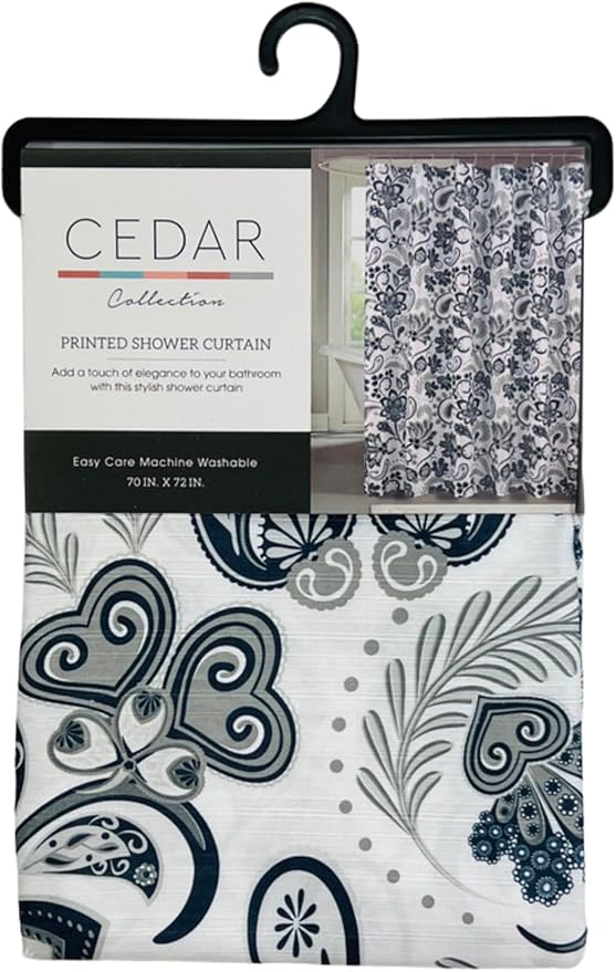 Serafina Home Hotel Quality Navy Gray Grey Fabric Bathroom Shower Curtain: Paisley Floral Leaf Damask Design on White (72 x 70 inches)