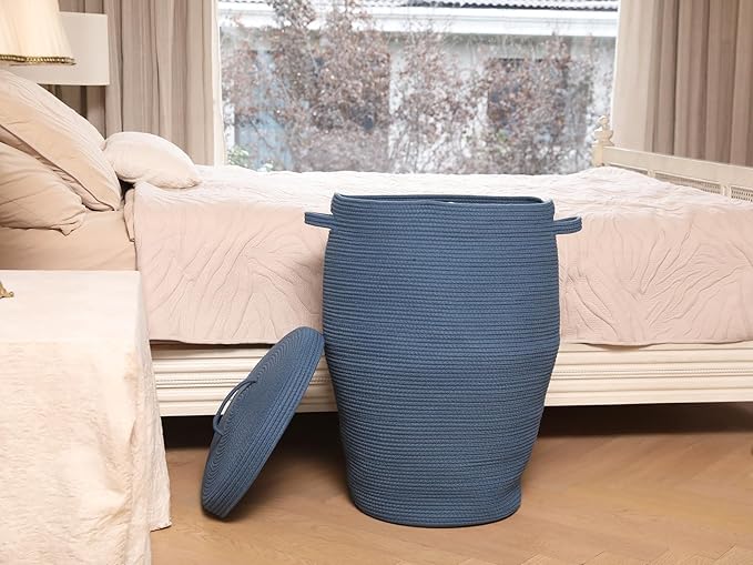 26"x20" Handcrafted Tall Cotton Rope Basket with Lid, Stylish Flagon Shape with Cover, Clothes Hamper with Top, for Bedroom and Living Room, All Dark Blue