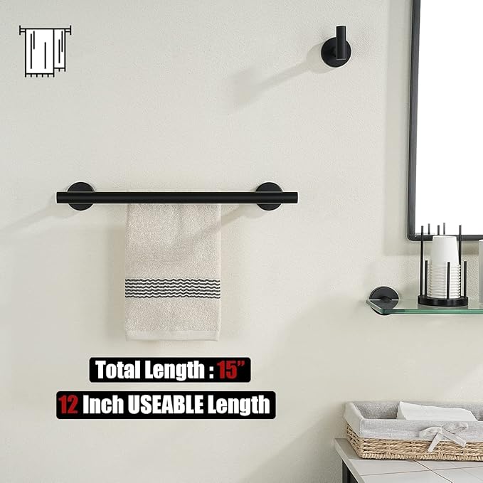 JQK Double Towel Bar Black, 15 Inch 304 Stainless Steel Thicken 0.8mm Towel Rack Holder for Bathroom Washcloths and Hand Towels, Matte Black Wall Mount, Useable Length 12 Inch, TB100L12-PB