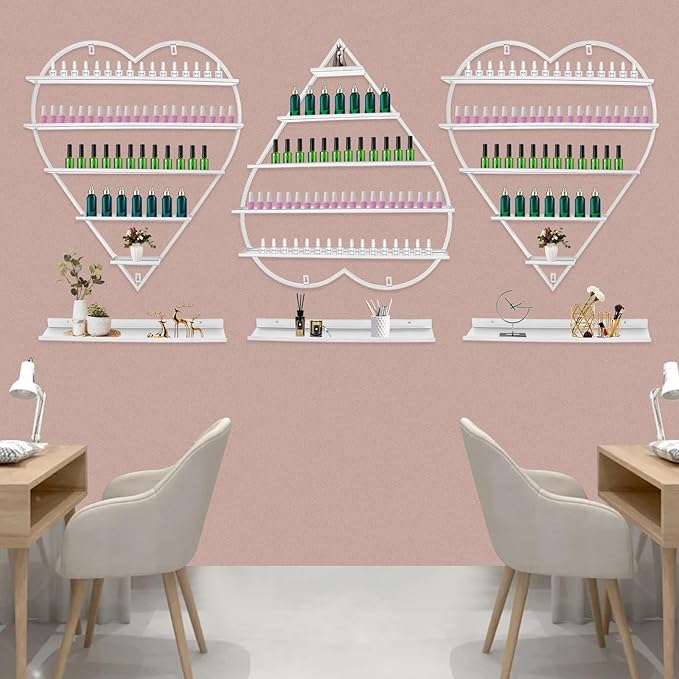 Nail Polish Display Racks 6pcs Metal Solid Color 5 Tiers Nail Polish Shelf Elegant Wall-Mounted Heart-Shaped Perfume Wall Shelf for Lipstick Perfume Nail Polish Essential (White)