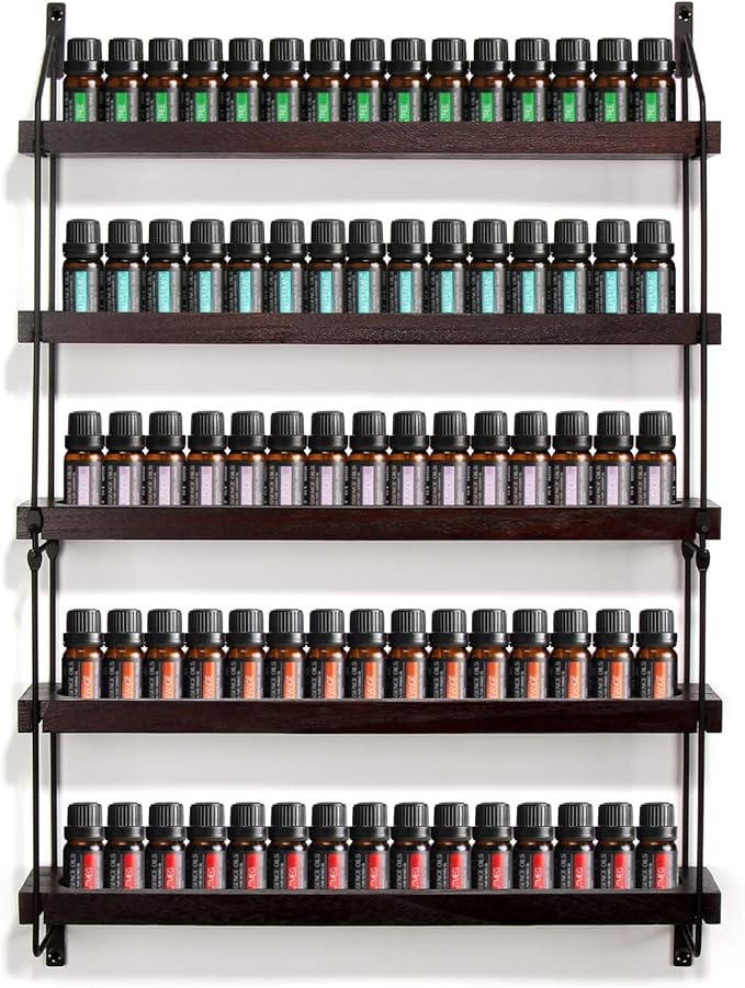 THYGIFTREE Essential Oil Storage Shelf Wall Mounted 16.9" Wooden Essential Oil Collection Display Rack Organizer 5 Tiers Holds 75 Bottles, Nail Polish Holder Paint Organizer