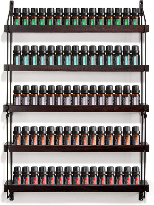THYGIFTREE Essential Oil Storage Shelf Wall Mounted 16.9" Wooden Essential Oil Collection Display Rack Organizer 5 Tiers Holds 75 Bottles, Nail Polish Holder Paint Organizer