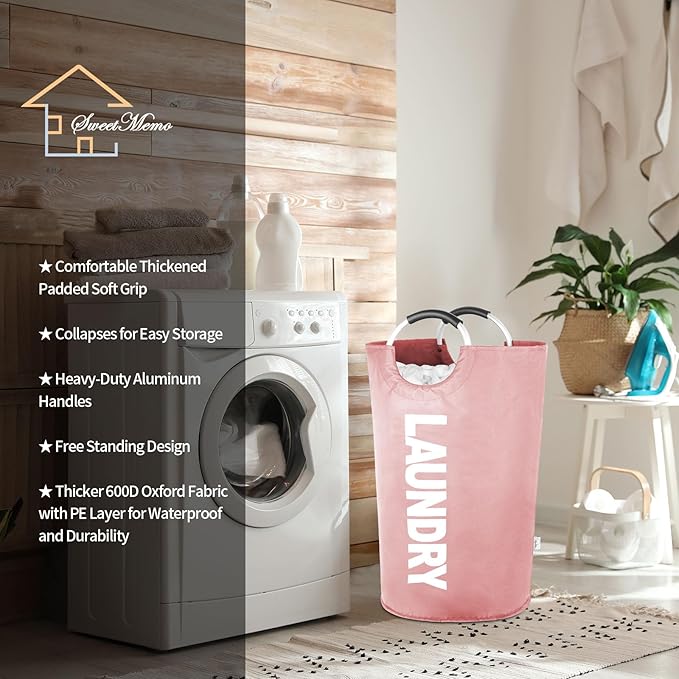 Large Laundry Basket Collapsible???Freestanding Clothes Hamper Bag with Handles ?€? Tall Folding Dirty Laundry Bin???Sturdy Laundry Sorter for College Dorm???Laundry Room ?€? 95L (Pink)
