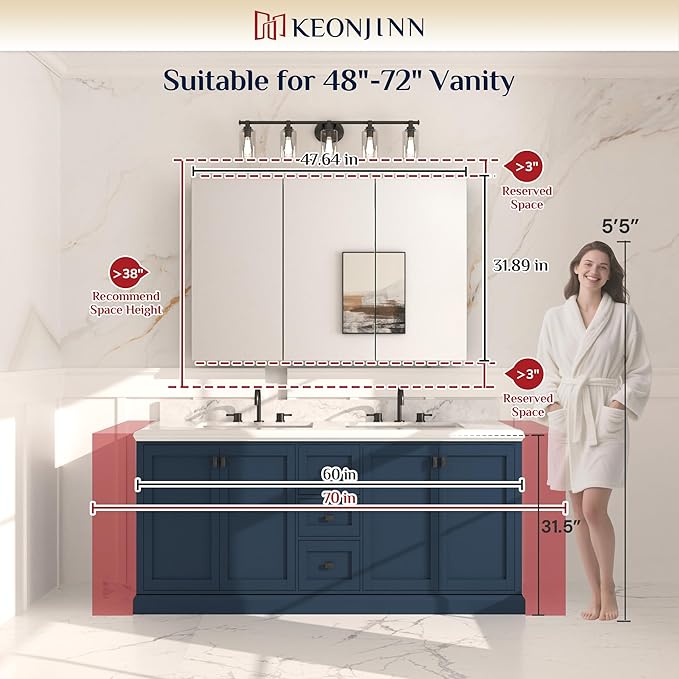 Keonjinn 48 x 32 Inch Oversized Medicine Cabinet for Bathroom with Mirror, Assembly Required, Black Aluminum Structure, Free Adjustable Shelves, Combined Recessed or Surface Mount Wall Cabinet